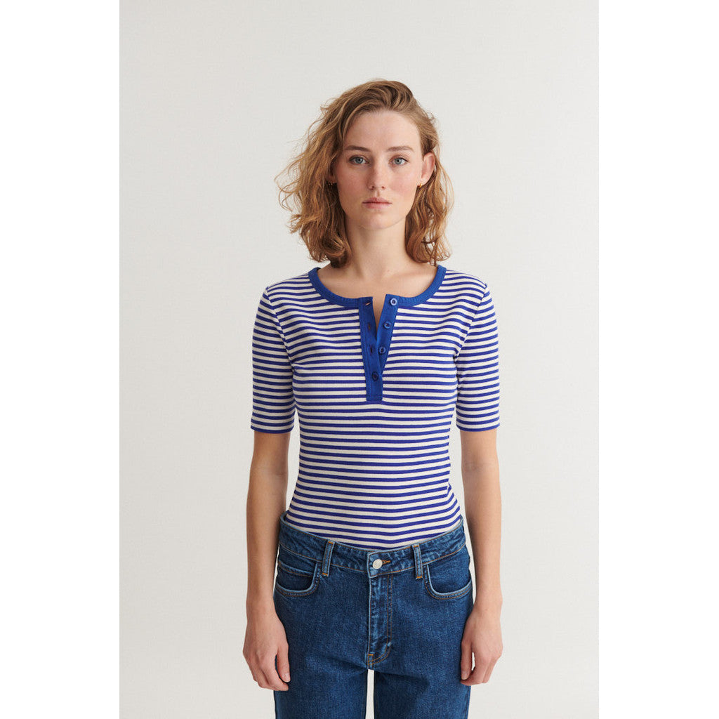 BASIC APPAREL - LUDMILLA SS STRIPE GRANDDAD BLUE