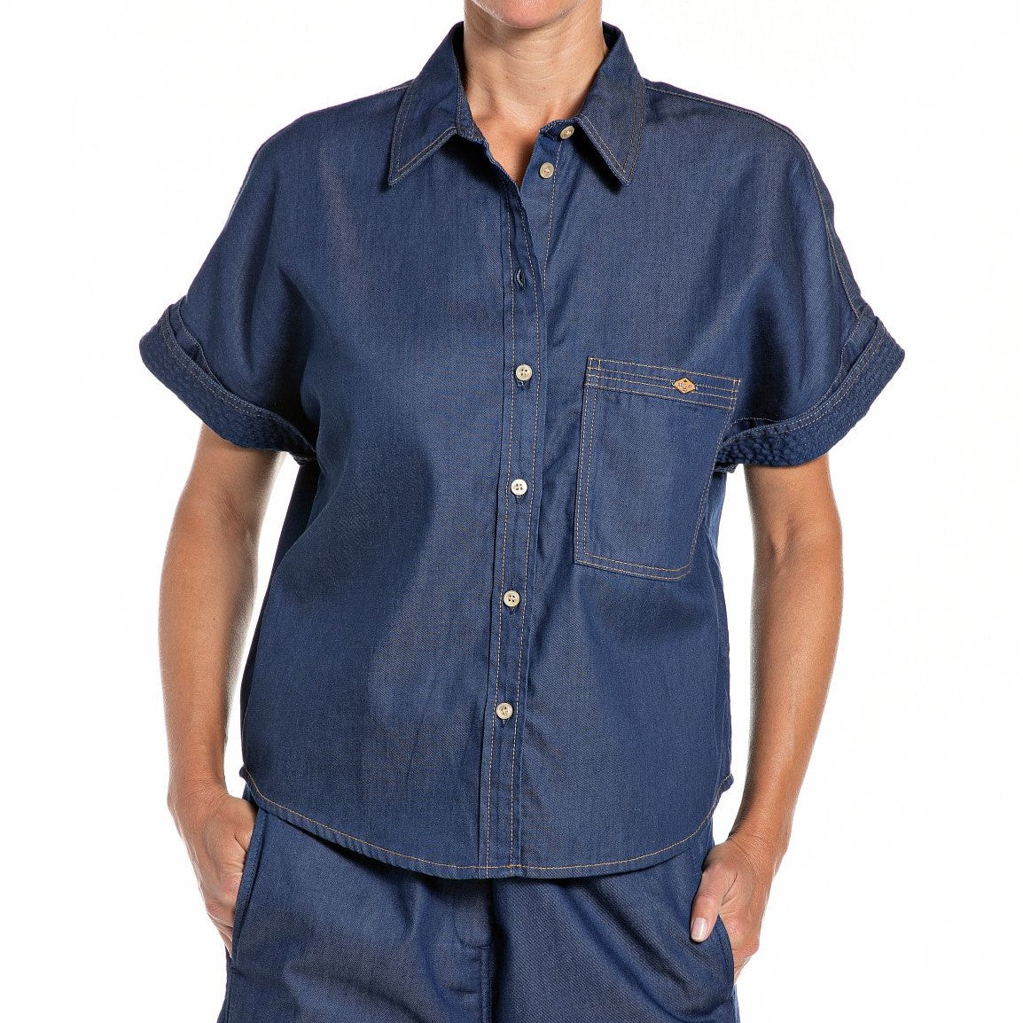 REPLAY - SS DENIM SKJORTE DARK BLUE