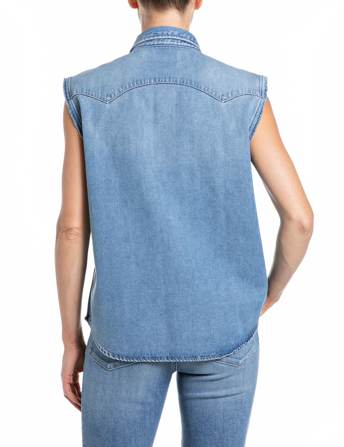 REPLAY - ÆRMELØS SKJORTE MEDIUM BLUE