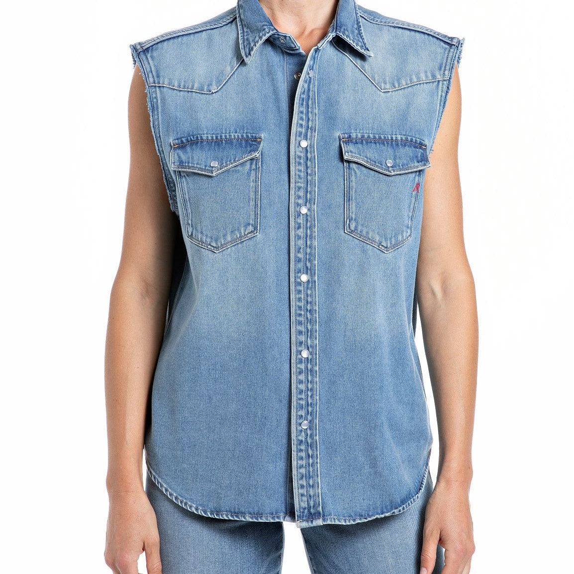 REPLAY - ÆRMELØS SKJORTE MEDIUM BLUE